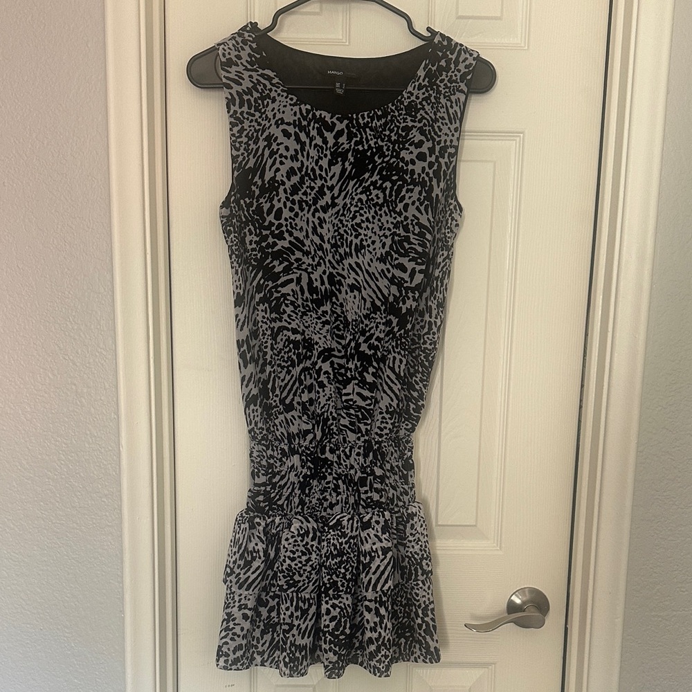 Mango Sleeveless Black and White Printed Drop-Waist Dress